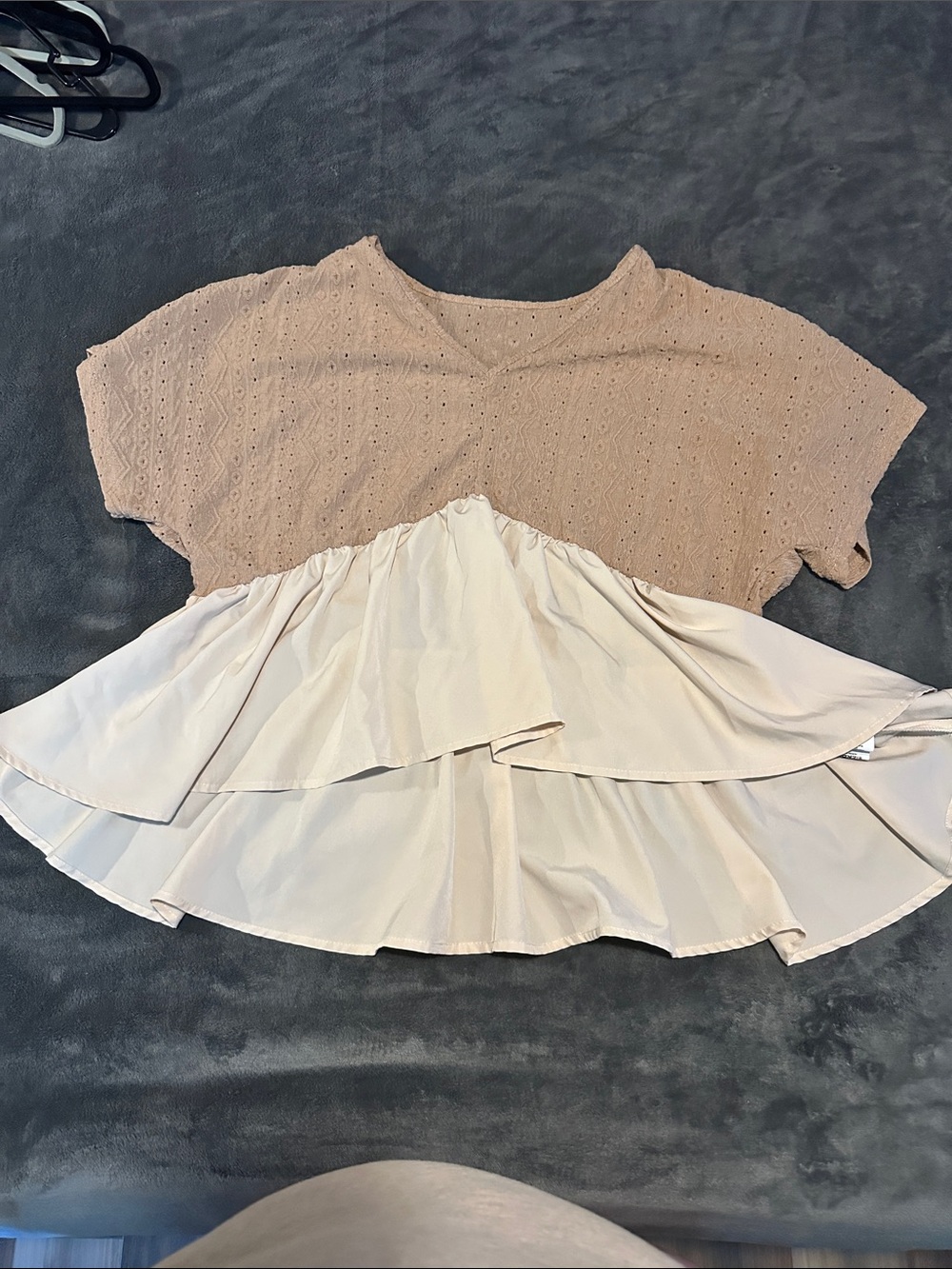 SHEIN Two-Tone Layered Eyelet Peplum Top - Beige & Cream